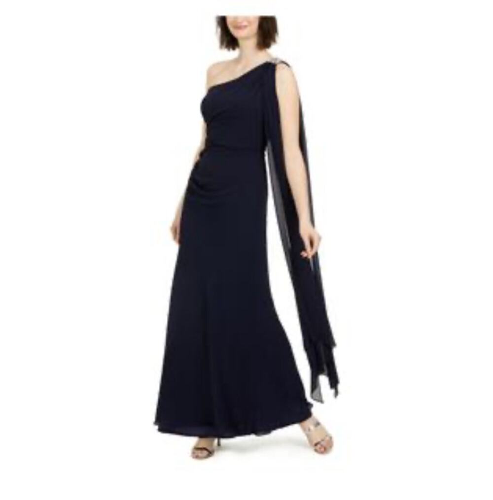 Vince Camuto Navy One-Shoulder Draped Evening Gown